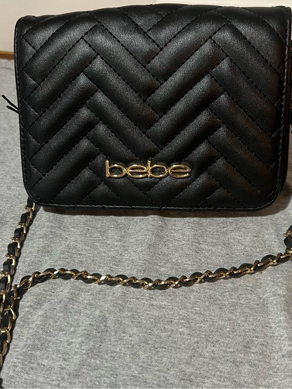 bebe Black Quilted Crossbody with Gold Chain Strap
